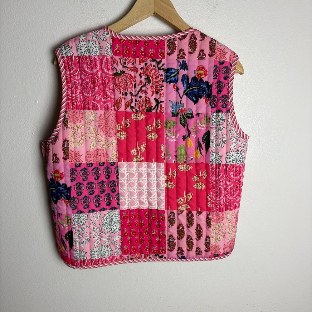 Patchwork Pink Quilted Vest Cottagecore Colorful Boho Floral Gilet Cardigan M - Picture 6 of 8